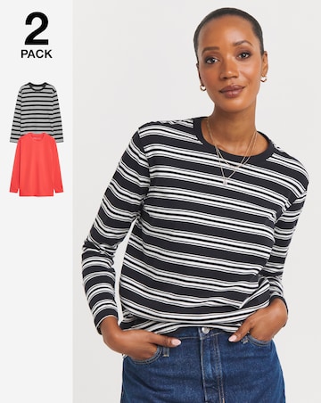 Red/Mono Stripe 2 Pack Stripe/Plain Long Sleeve Crew Neck Tops