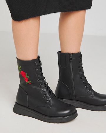 Heavenly Feet Floral Martina Lace Up Chunky Boot Wide E Fit