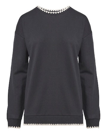 Pure Cotton Black Crew Neck Stitch Detail Sweatshirt