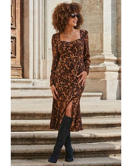 Sosandar Leopard Print Long Sleeve Midi Fit and Flare Dress
