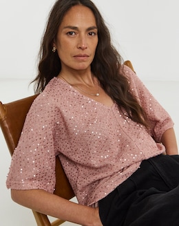 Textured Sequin V-Neck Short Sleeve Top