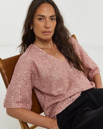 Textured Sequin V-Neck Short Sleeve Top