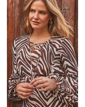 Sosandar Natural Animal Print Lace Up Front Fit & Flare Dress