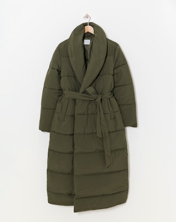 Green Longline Belted Padded Coat