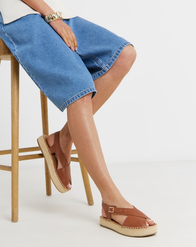 York Peep Toe Leather Espadrille Sandals - Wide Fit (E)