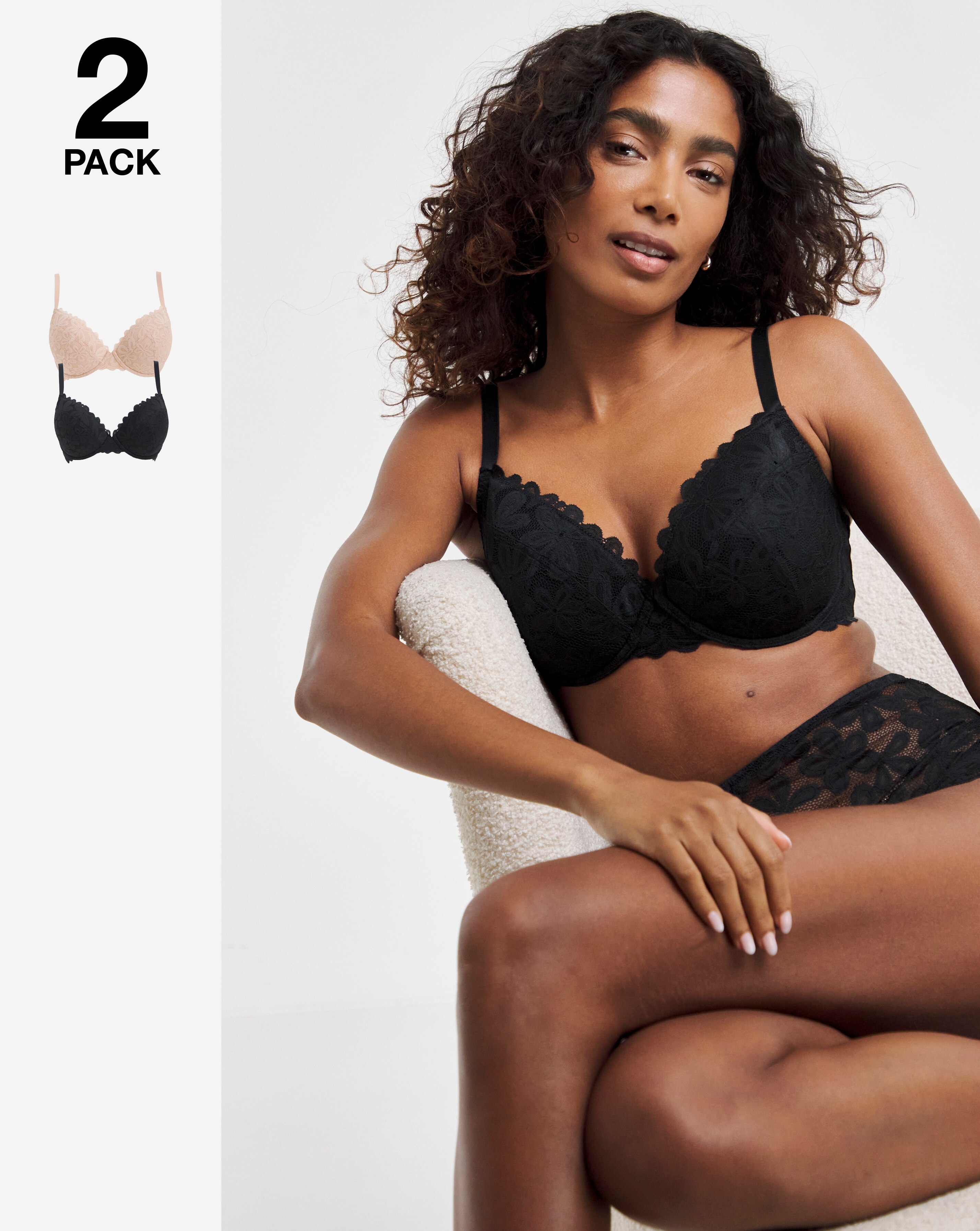 Pretty Secrets (2 Pack) Daisy Lace Plunge Wired Bras (B-F) Black/Almond
