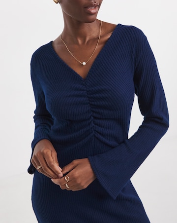 V Neck Long Sleeve Ruched Rib Dress