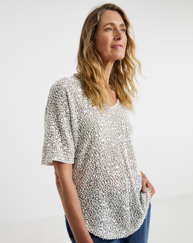 Mono Sequin Popcorn V Neck Top