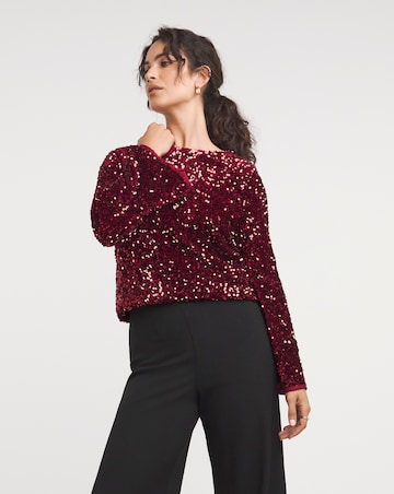 Red Slash Neck Velvet Sequin Top