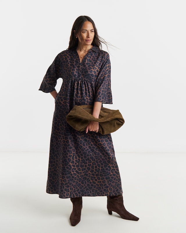 Collarless Placket 3/4 Sleeve Smock Dress