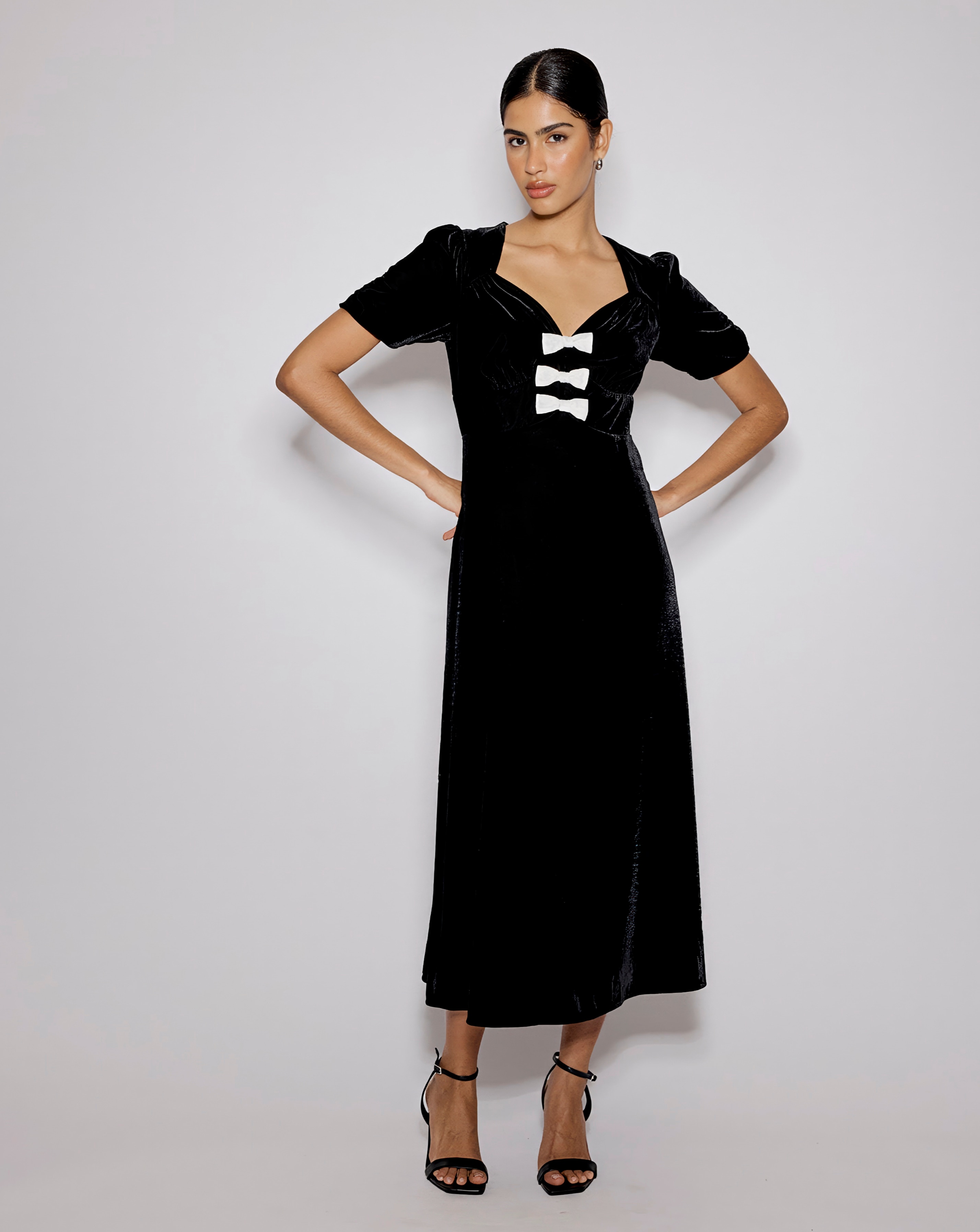 Nobody's Child Velvet Bow Puff Sleeve Midi Dress | JD Williams
