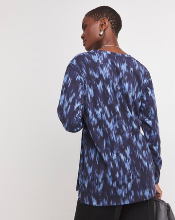 Blue Print V-Neck Longline Split Hem Slouch T-Shirt