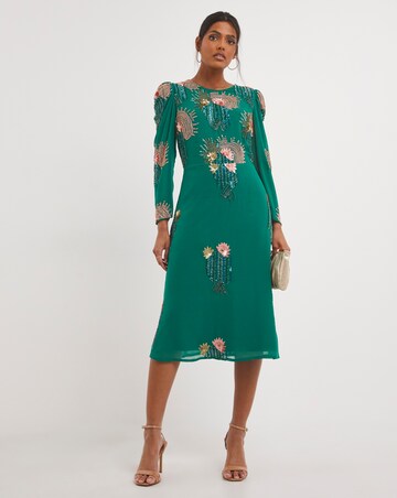 Joanna Hope Peacock Green Deco Beaded Midi Dress