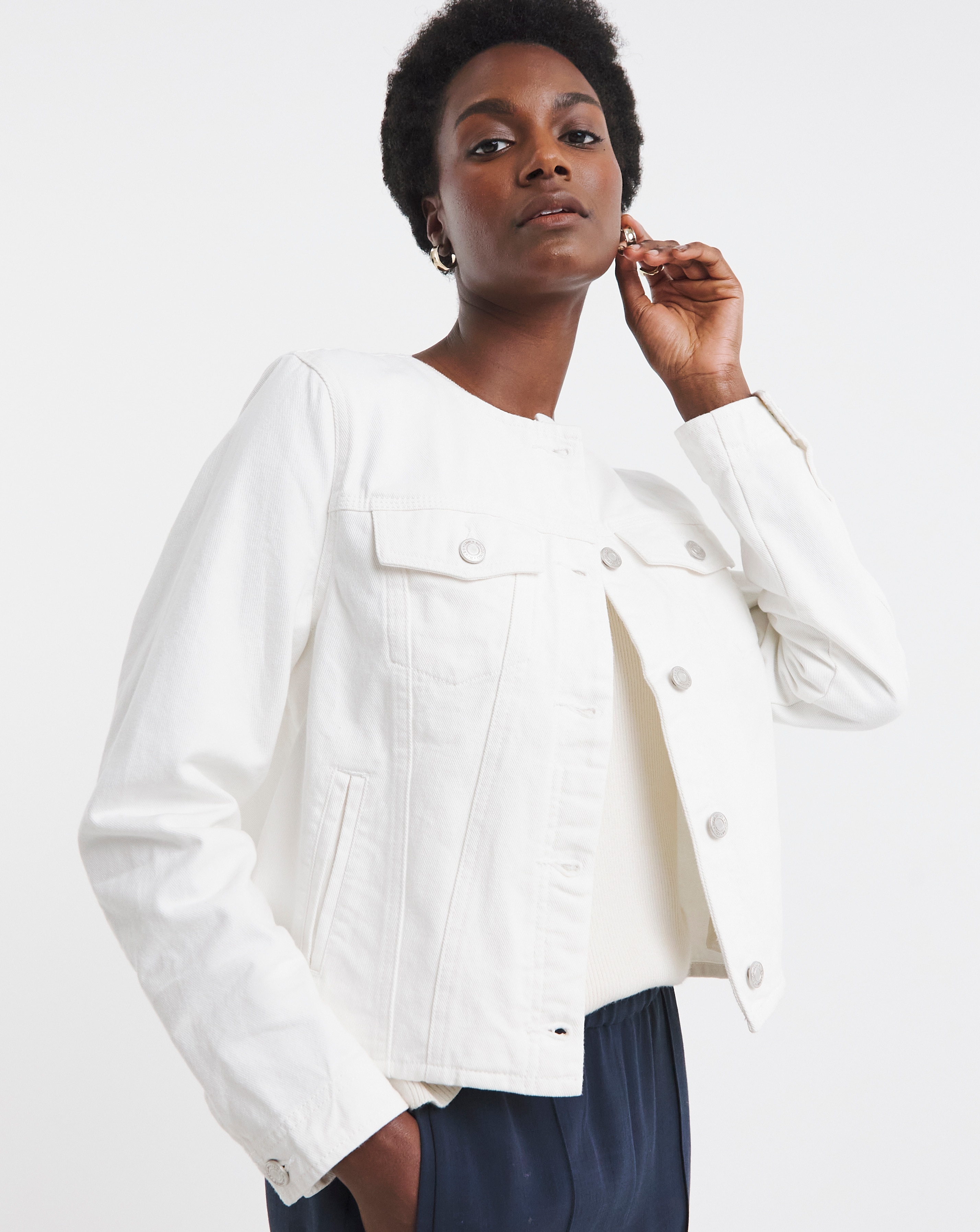 Pure Cotton White Collarless Denim Jacket | JD Williams
