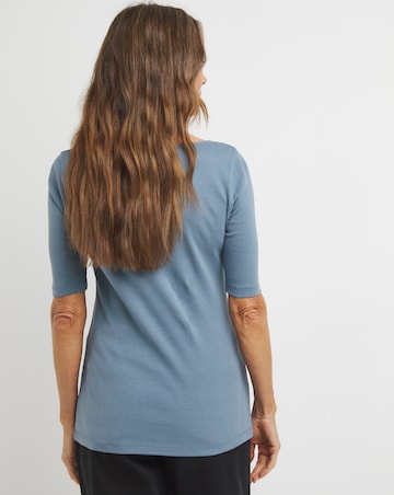 Pure Cotton Steel Blue Scoop Neck Half Sleeve Top