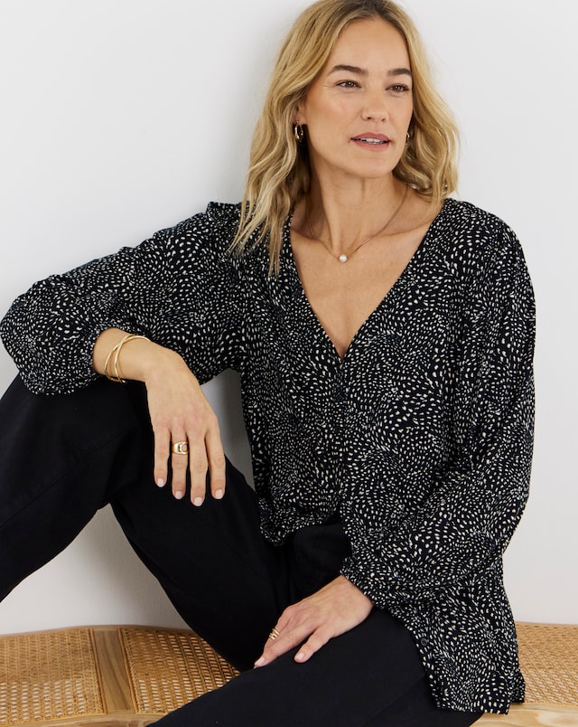 Black Print Button Front Long Sleeve Top