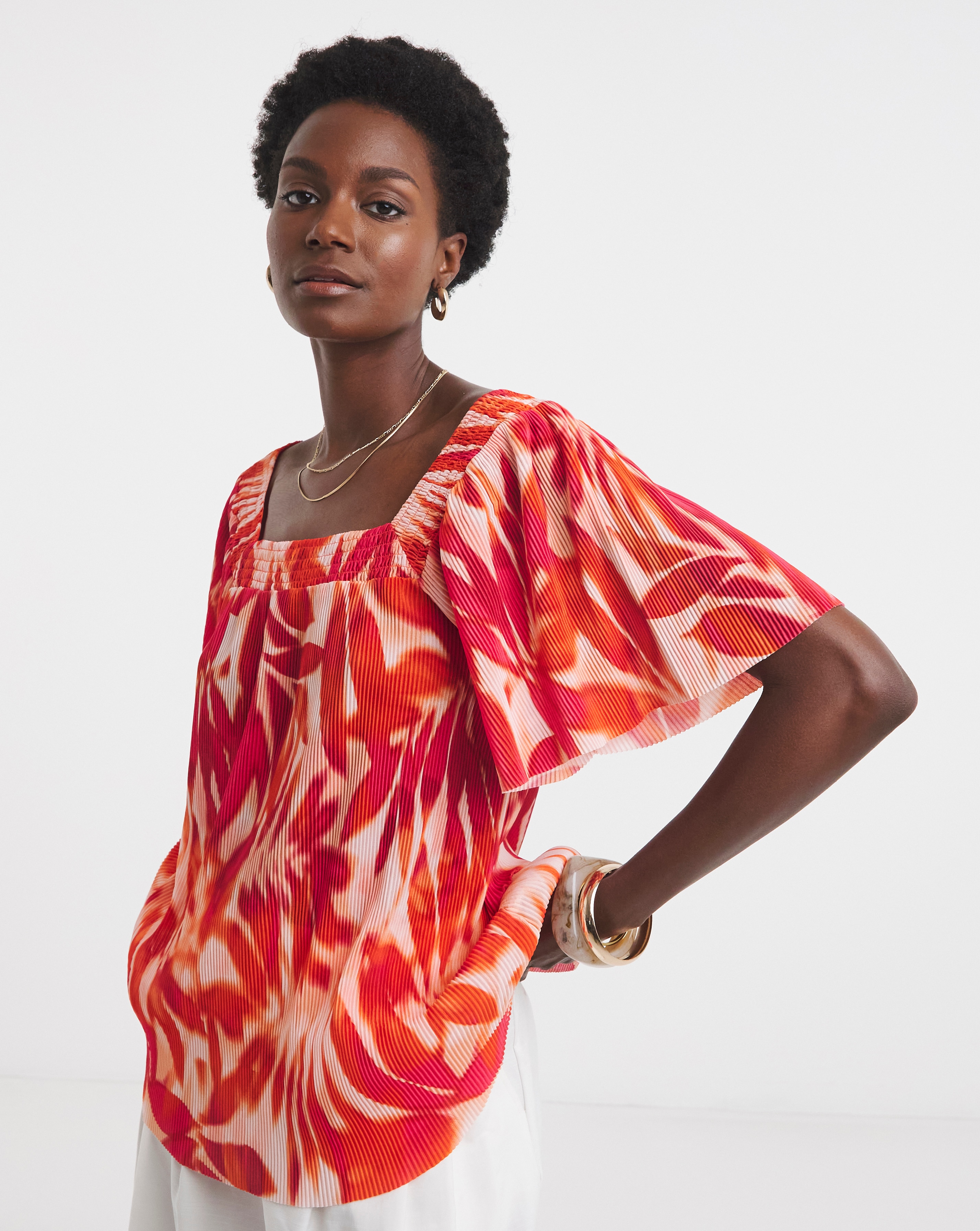 Printed Plisse Square Neck Top | JD Williams
