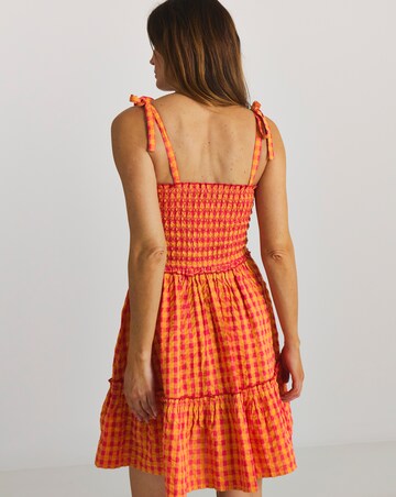 Pink Gingham Shirred Mini Beach Dress
