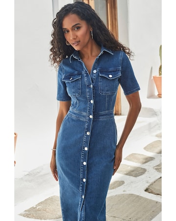 Sosandar Short Sleeve Button Front Denim Midaxi Dress