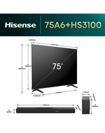 Hisense 75in 75A6NTUK Smart 4K TV with Amazon Alexa and 180W Soundbar Bundle