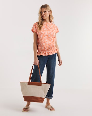 Orange Leaf Print Value Cotton Short Sleeve Ruffle Bubble Hem Top