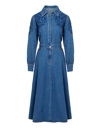 Blue Embroidered Denim Midi Dress