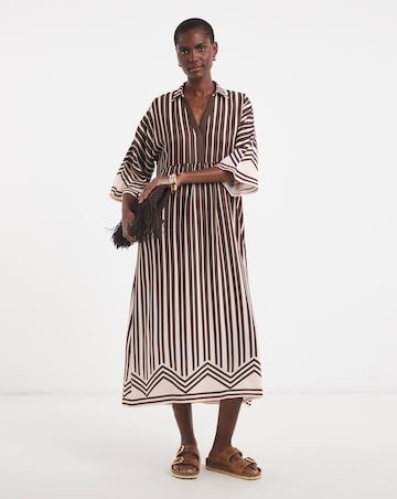 Border Print Placket Detail Smock Dress