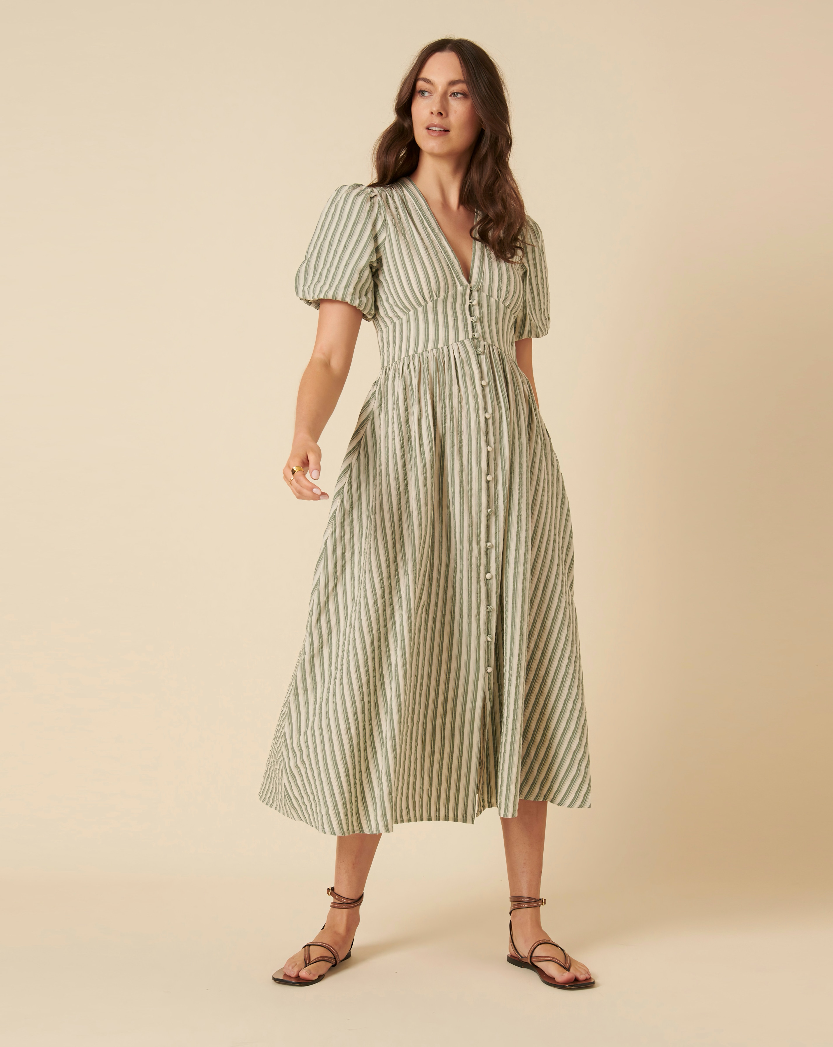 green pinstriped starlight midi dress Green Starlight Short Sleeve Midi Dress