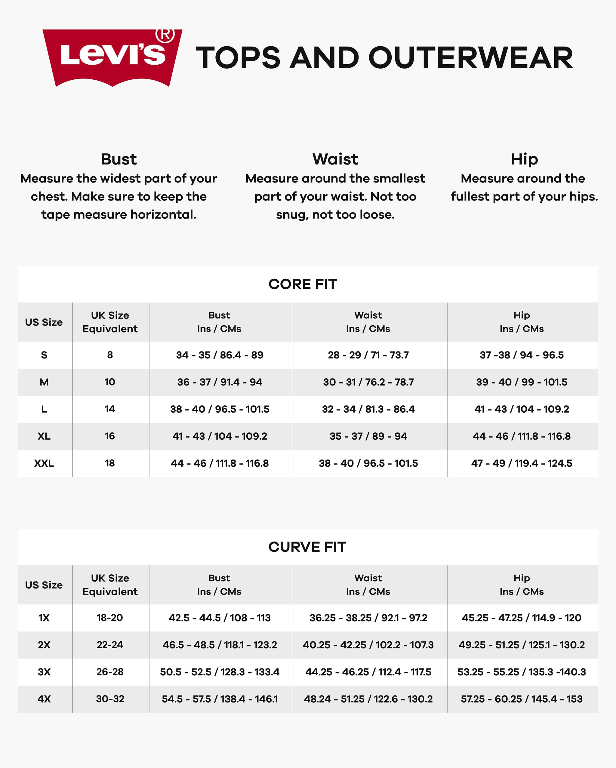 Levi's tops and outerwear size guide