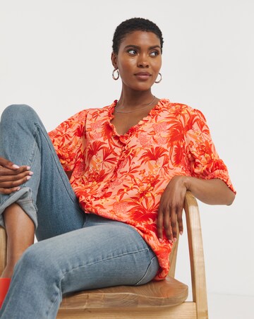 Tropical Print Crinkle Frill Trim Top