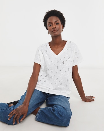 Pure Cotton White V-Neck Broderie Short Sleeve T-Shirt