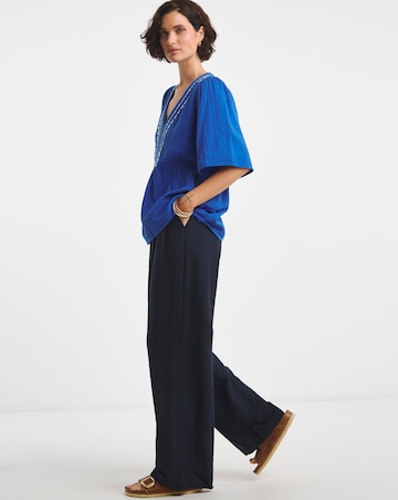 Trim Detail Pure Cotton Textured Short Sleeve Smock Top