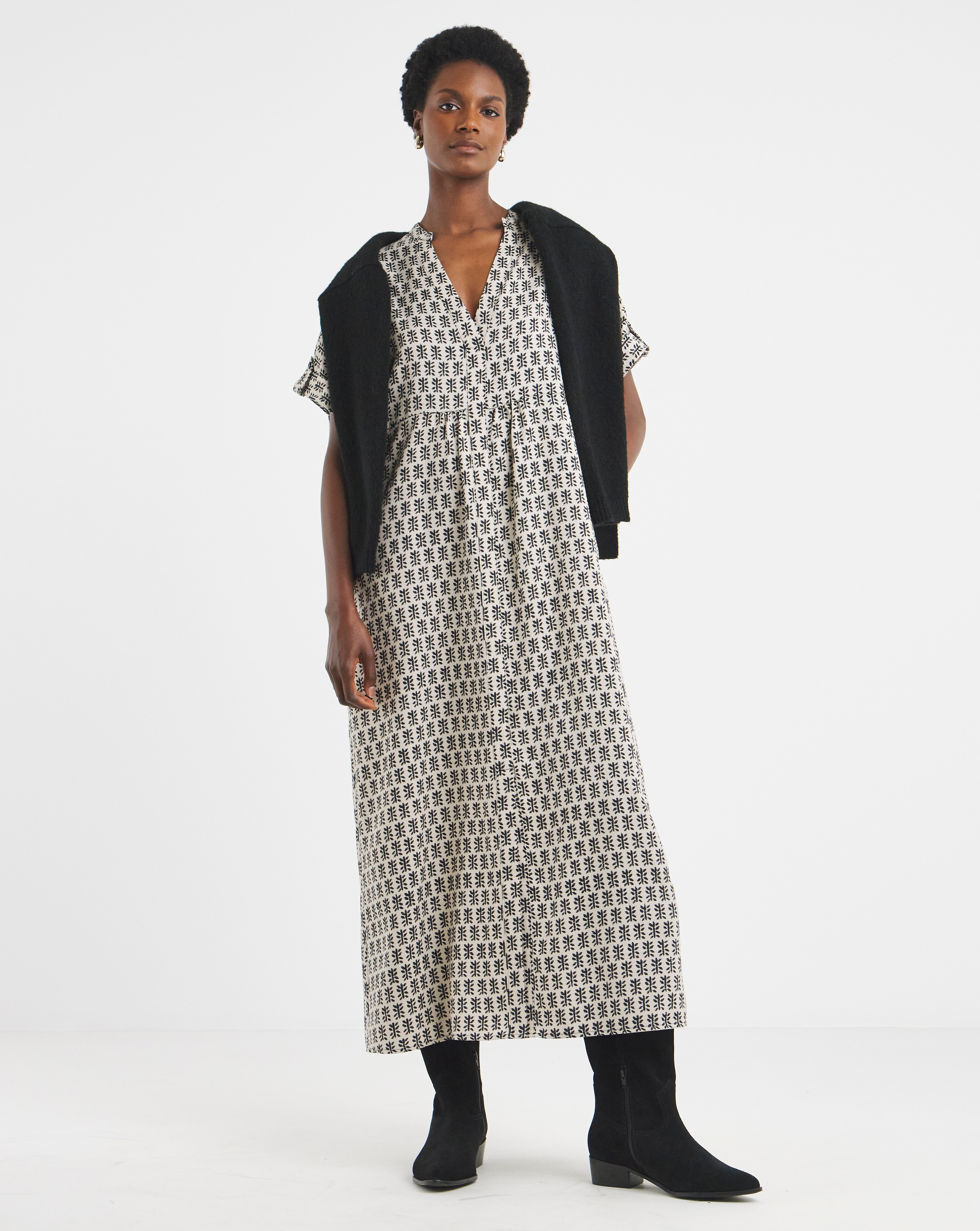 Collarless Placket Detail Smock Dress