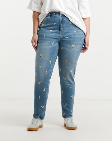 Simply Be Mid Blue Fruit Embroidered Slim Mom Jeans