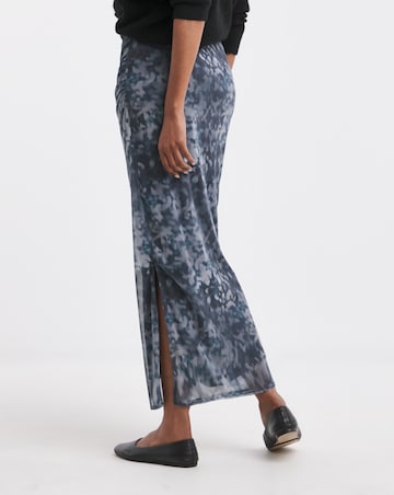 Printed Mesh Ruched Column Maxi Skirt