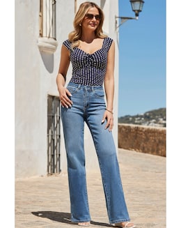 Sosandar Navy Blue &amp; White Spot Print Tie Front Jersey Top