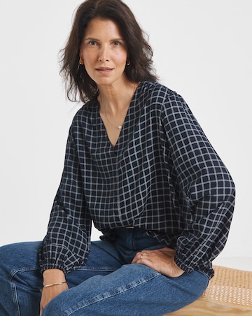 Twill Button Through Grid Check Blouse