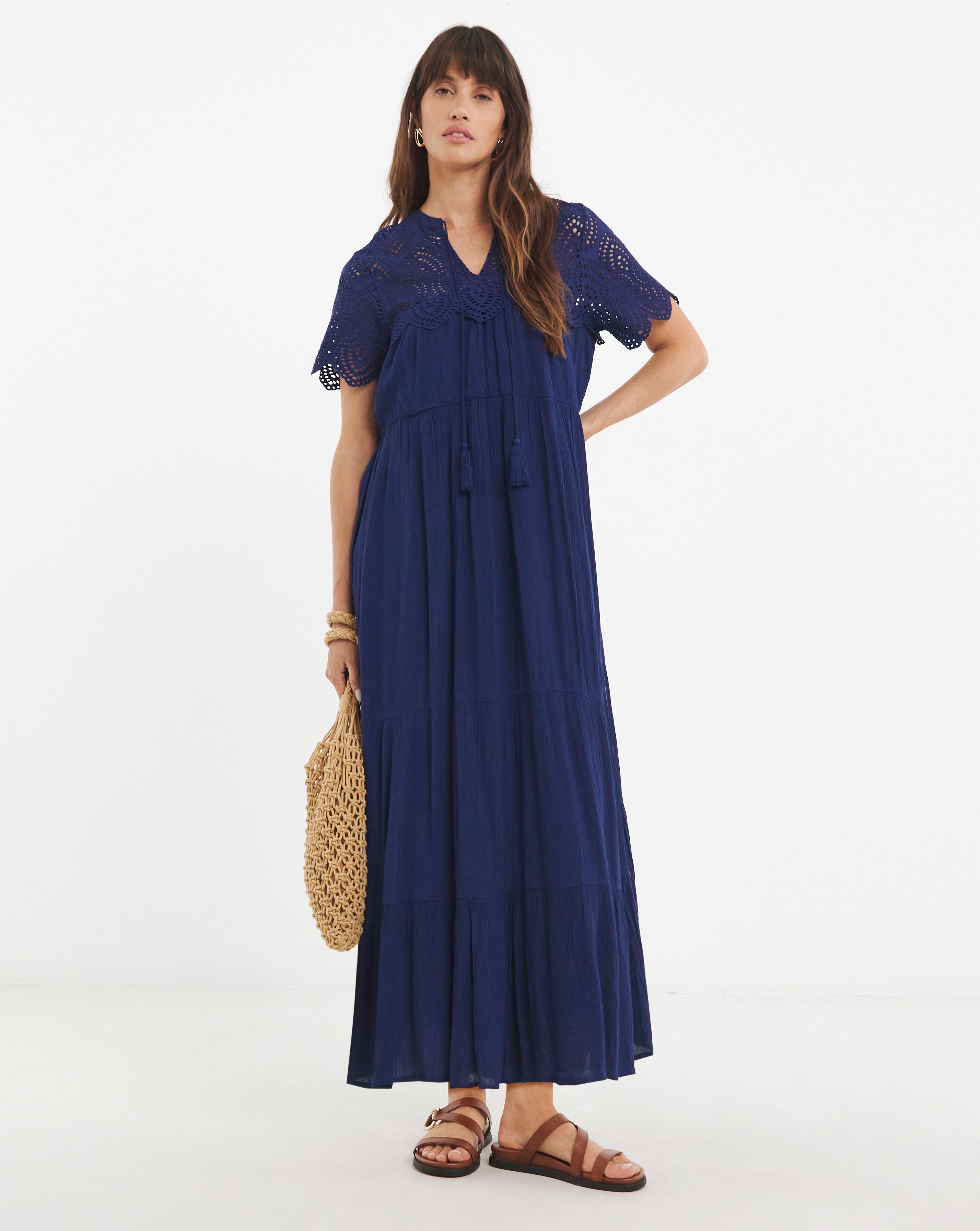 Crinkle Broderie Trim Smock Dress