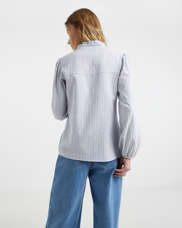 Womens Seersucker Frill Detail Long Sleeve Blouse - Blue Stripe