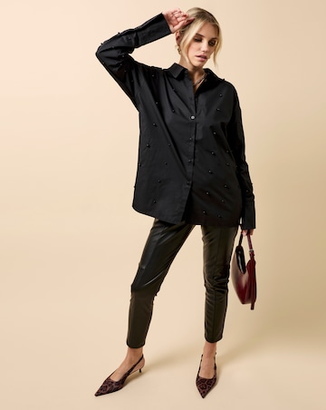 Little Mistress Black Cotton Pearl Embellished Shirt