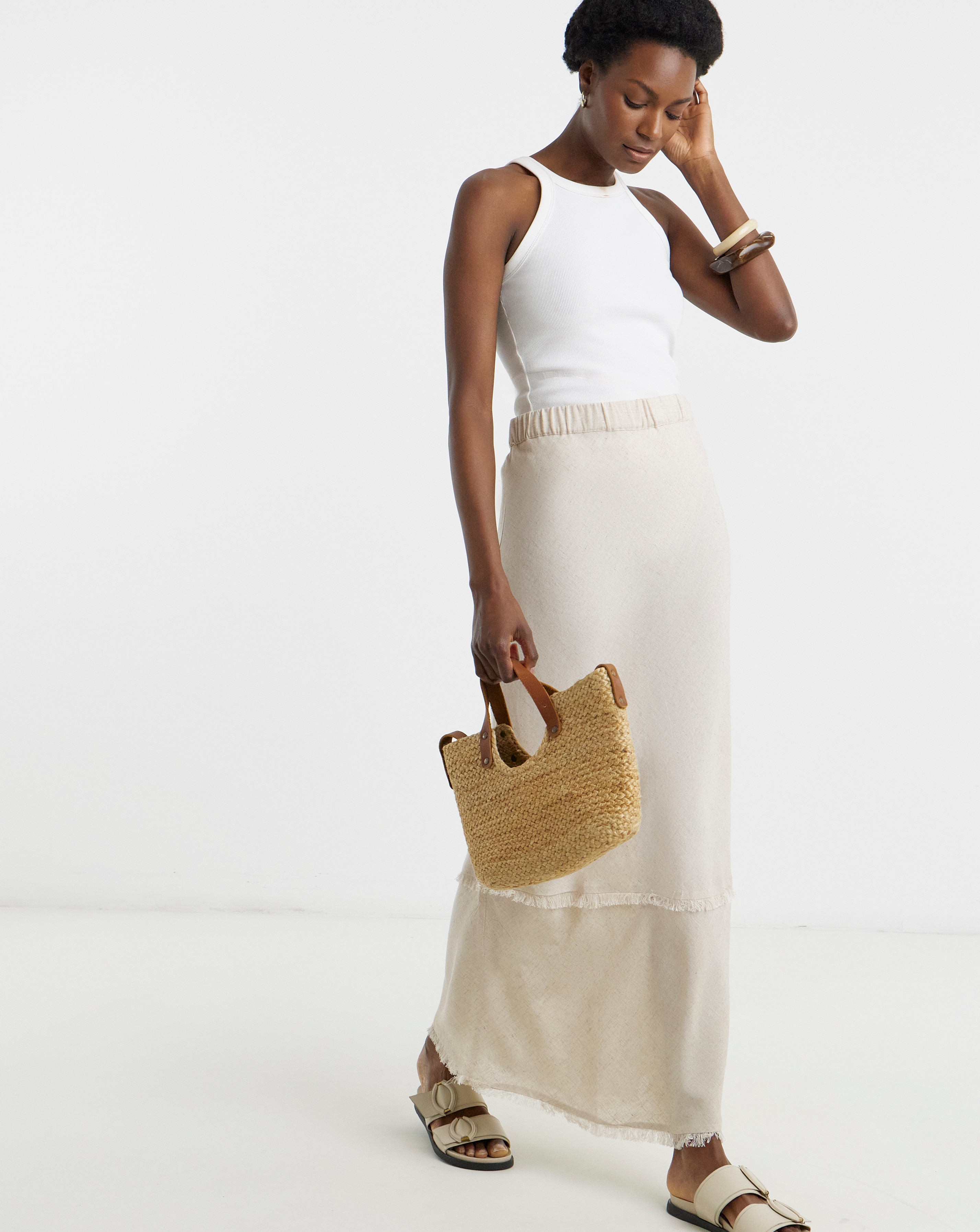 Stone Linen Mix Frayed Hem Skirt | JD Williams