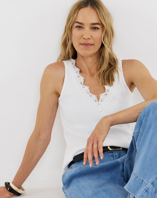 White V-Neck Lace Trim Vest