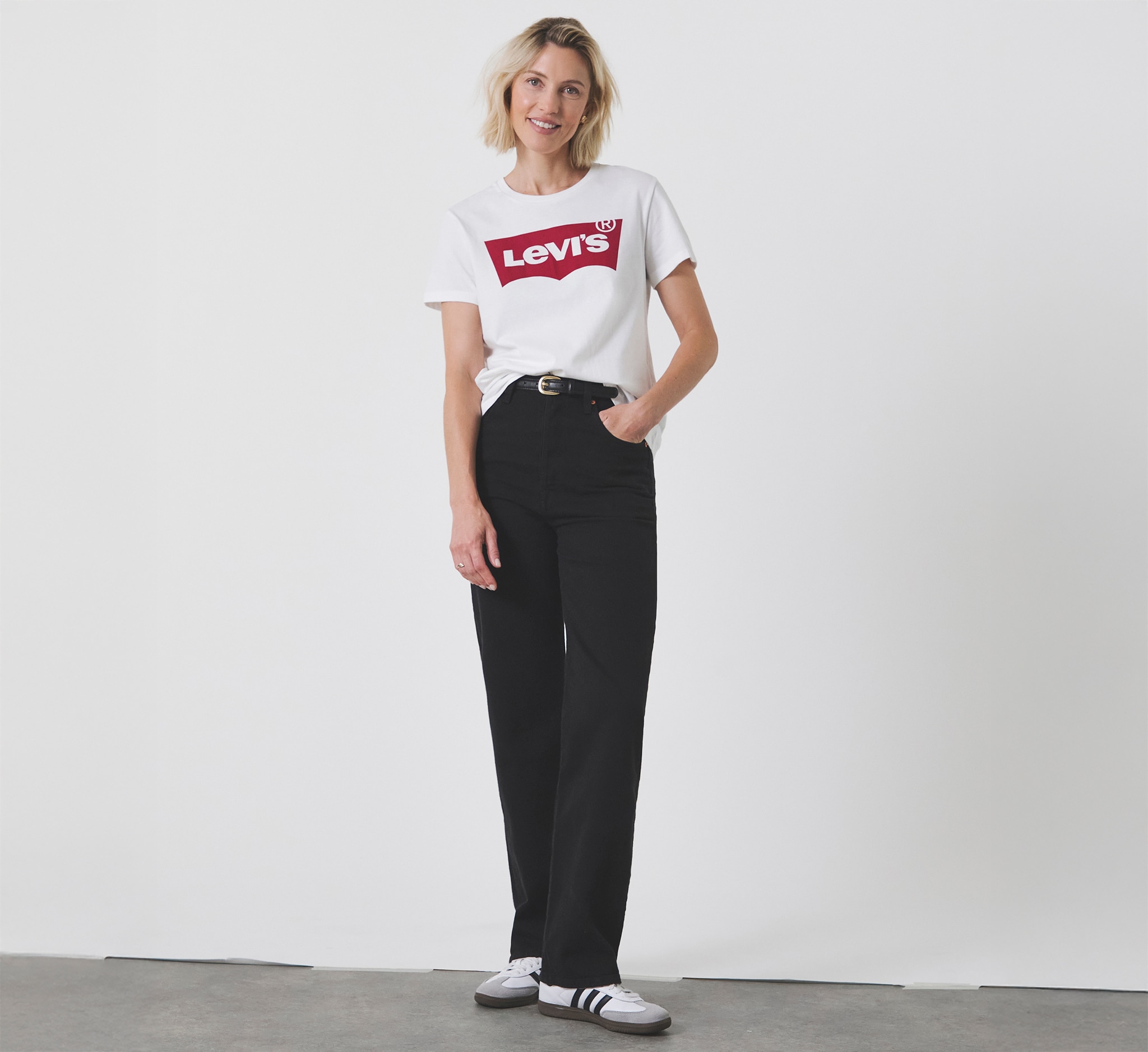 A lady wearing Levi's denim jeans