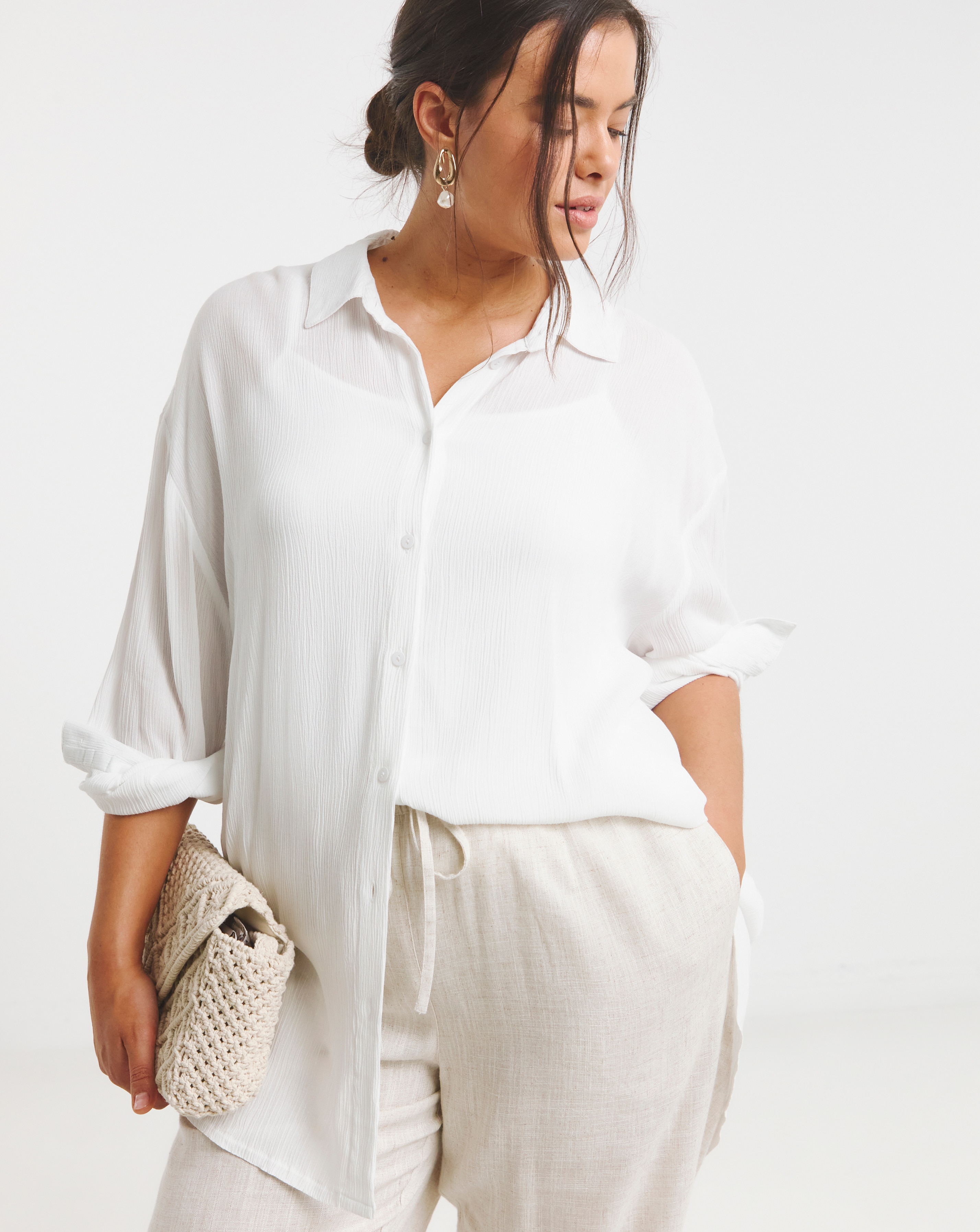 Simply Be White Long Sleeve Crinkle Shirt