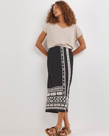 Black Print Pull On Column Midi Skirt