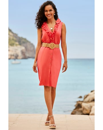 Sosandar Belted Ruffle Front Linen Dress