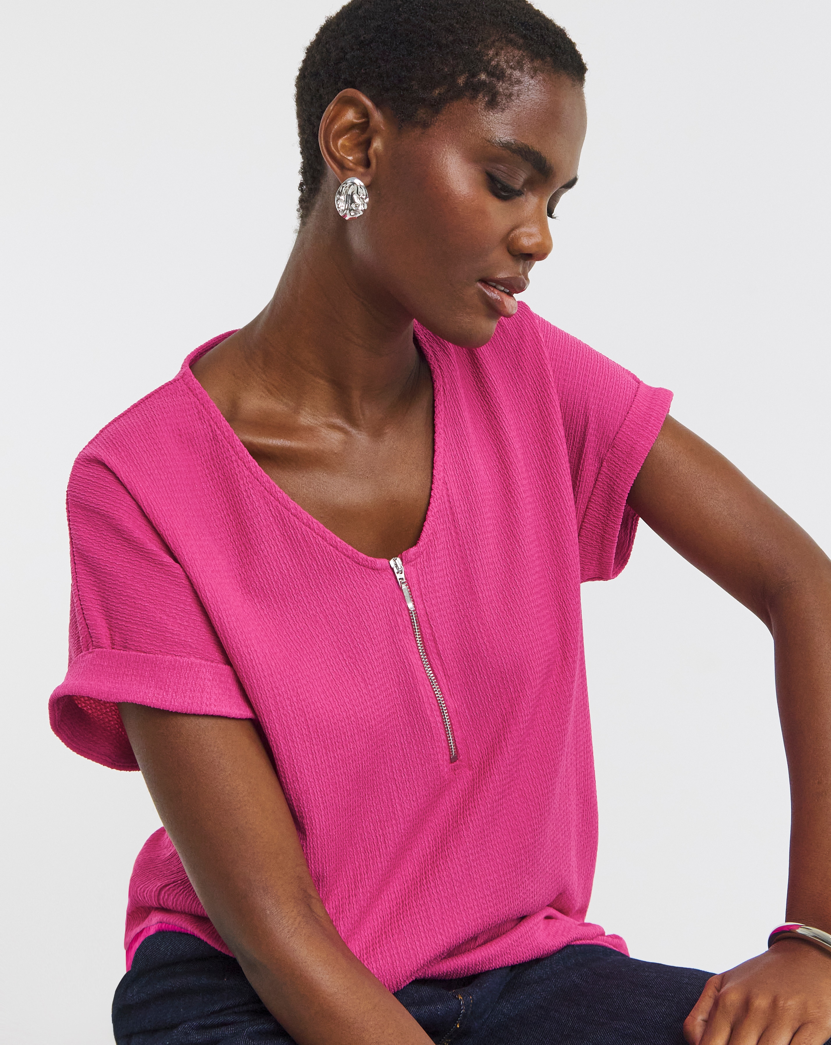 Orange Textured V-Neck Zip Front Short Sleeve Longline Top | JD