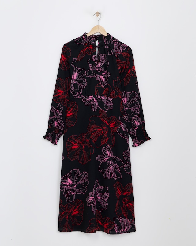 Balloon Sleeve Keyhole Neck Dress