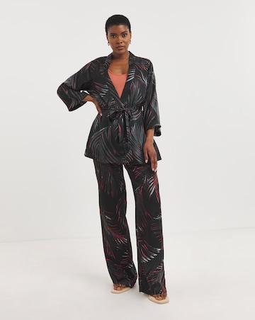 Black Palm Print Satin Wide Leg Trousers