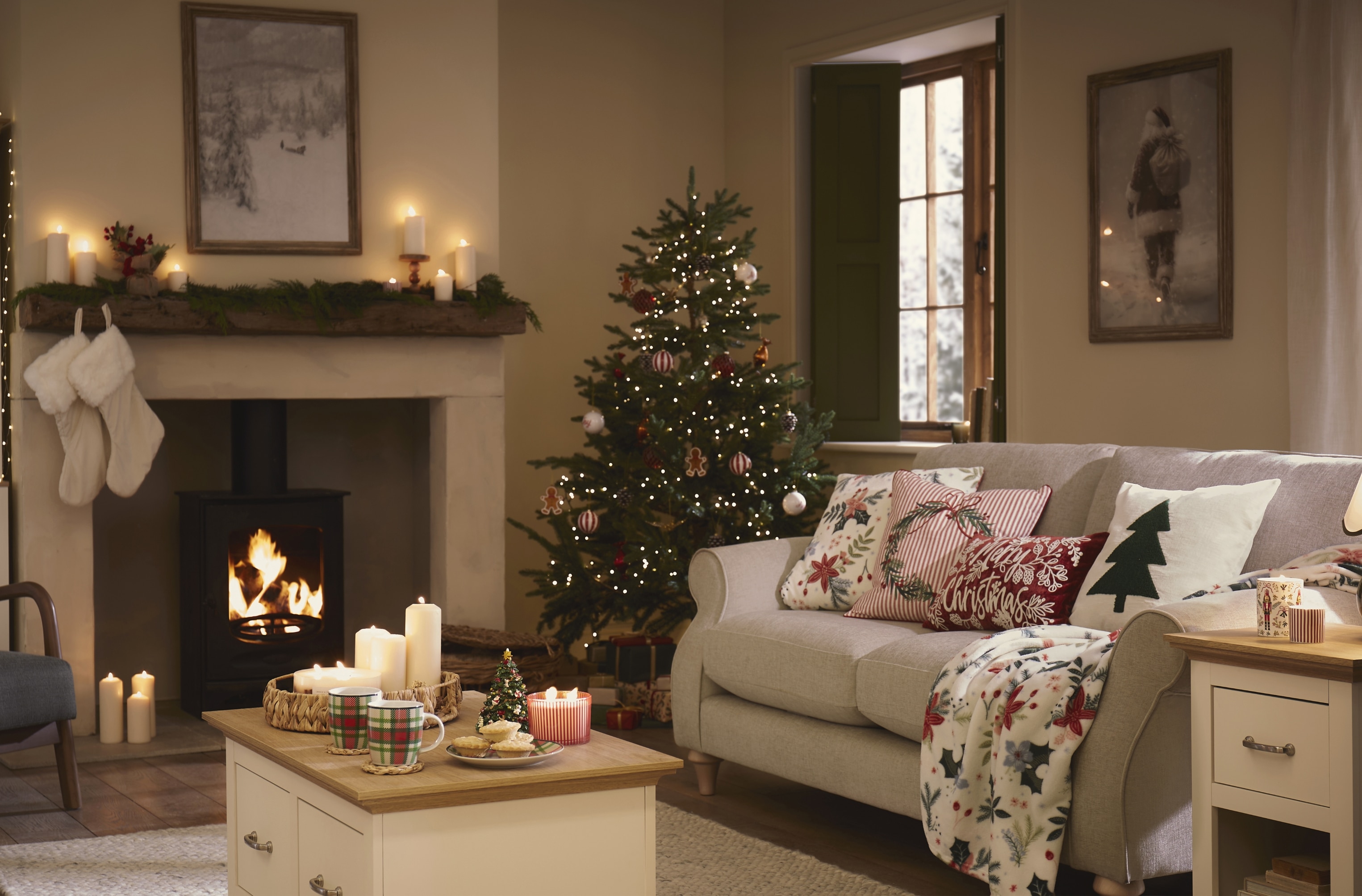Cozy Christmas Living Room With Fireplace, Tree, And Festive Throws For Family Moments